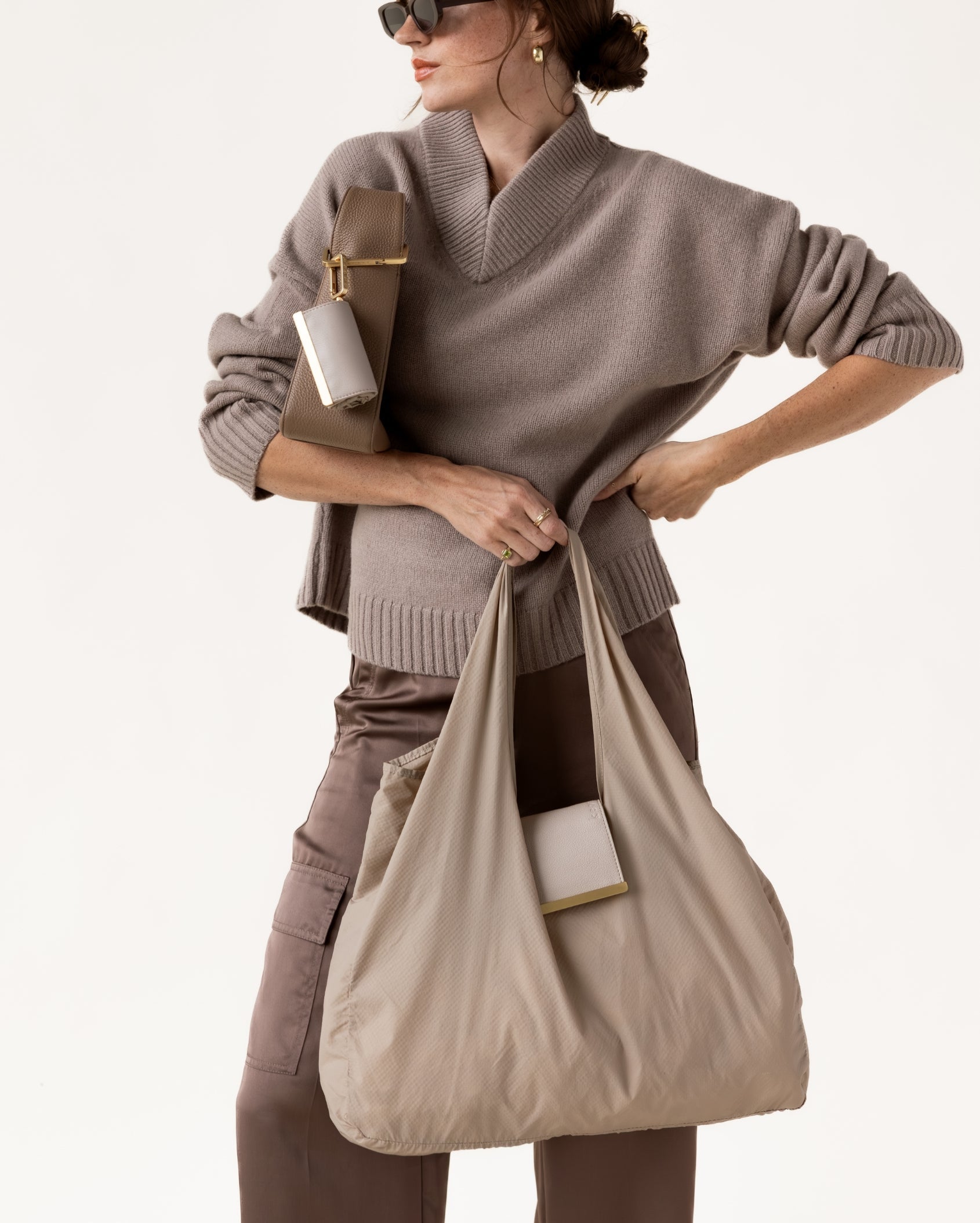Keychain Tote - Beige | Foldable Vegan Leather Bag