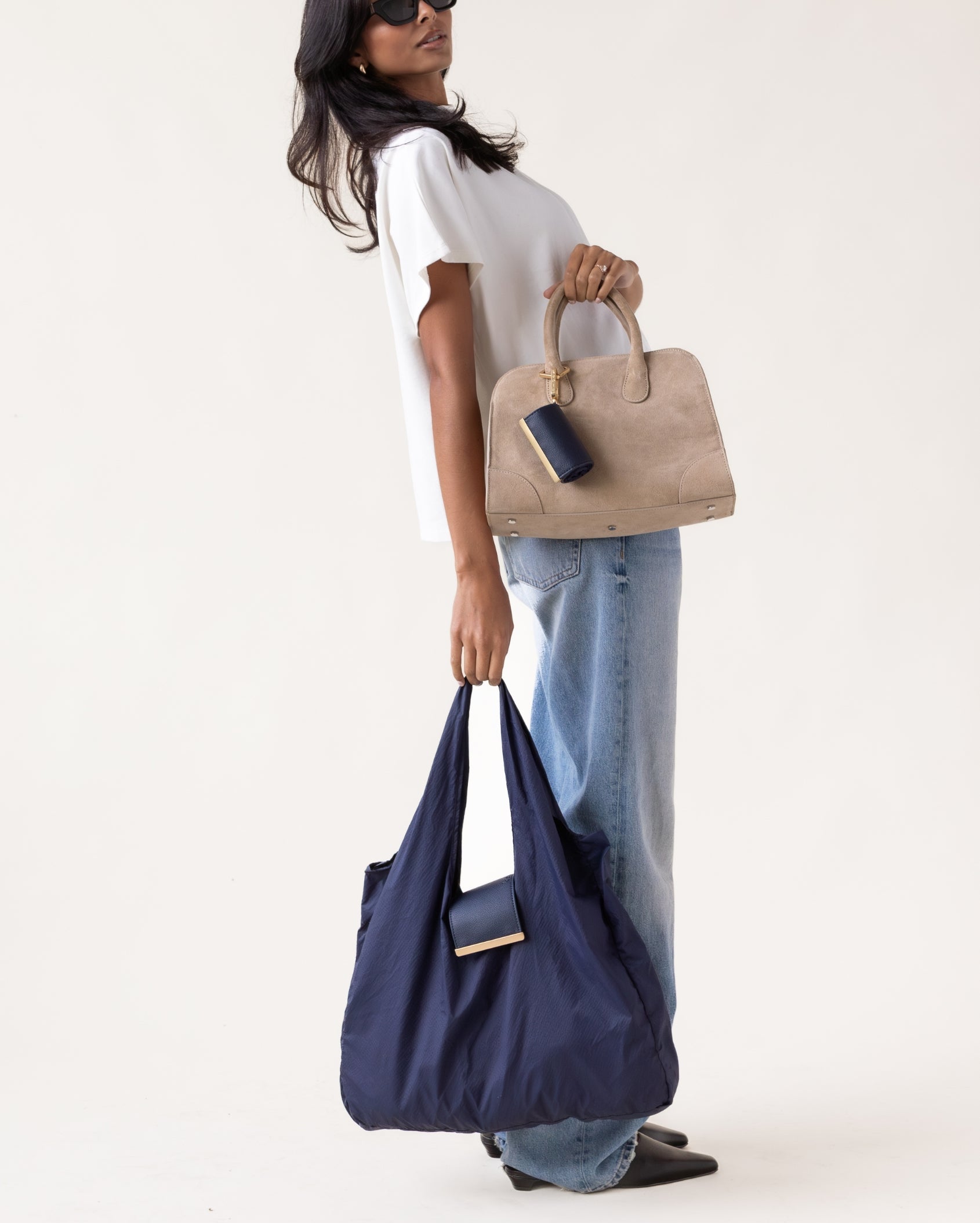 Keychain Tote - Navy | Foldable Vegan Leather Bag